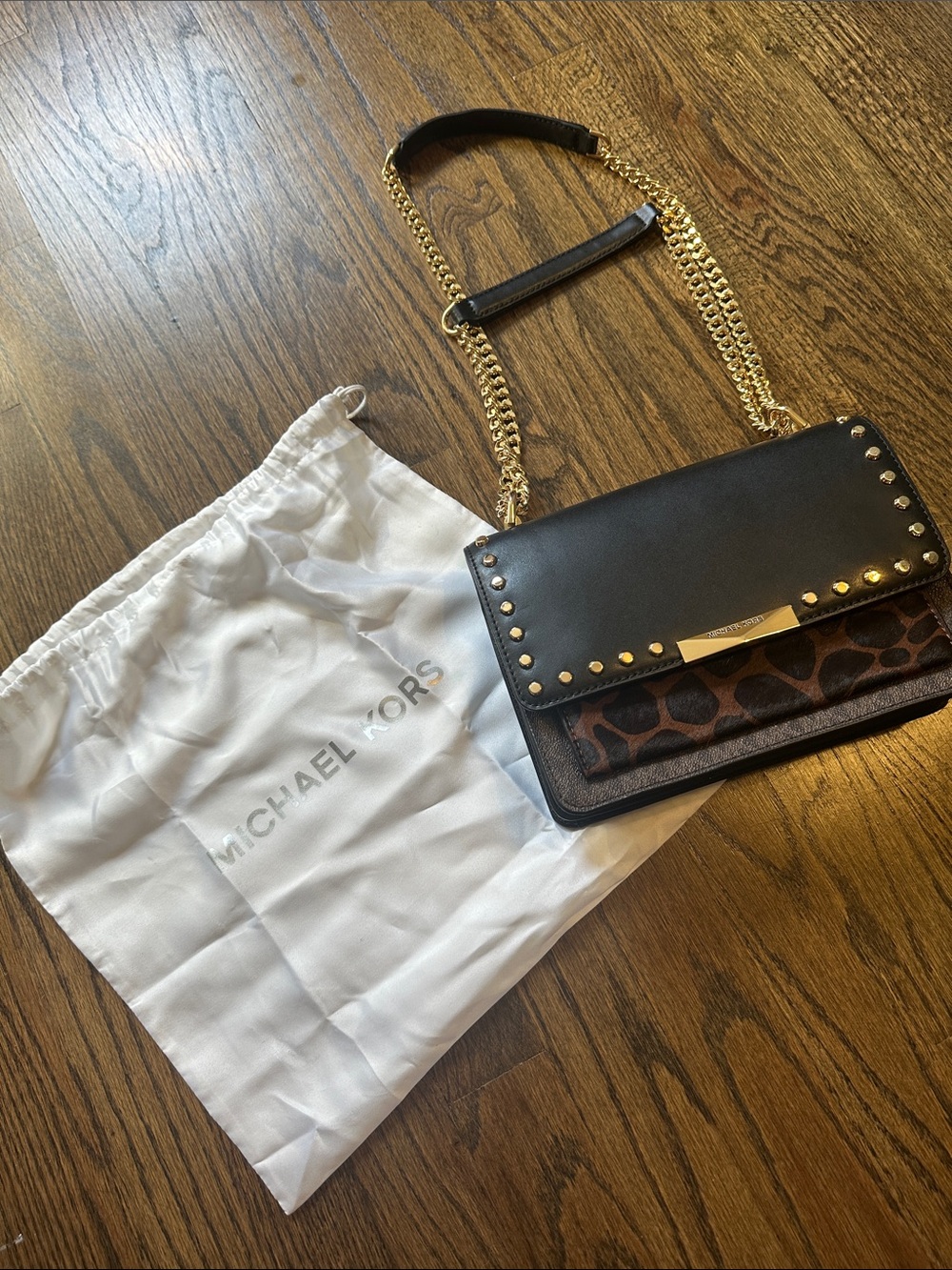 Michael Kors Black and Brown Leather Crossbody with Gold Chain